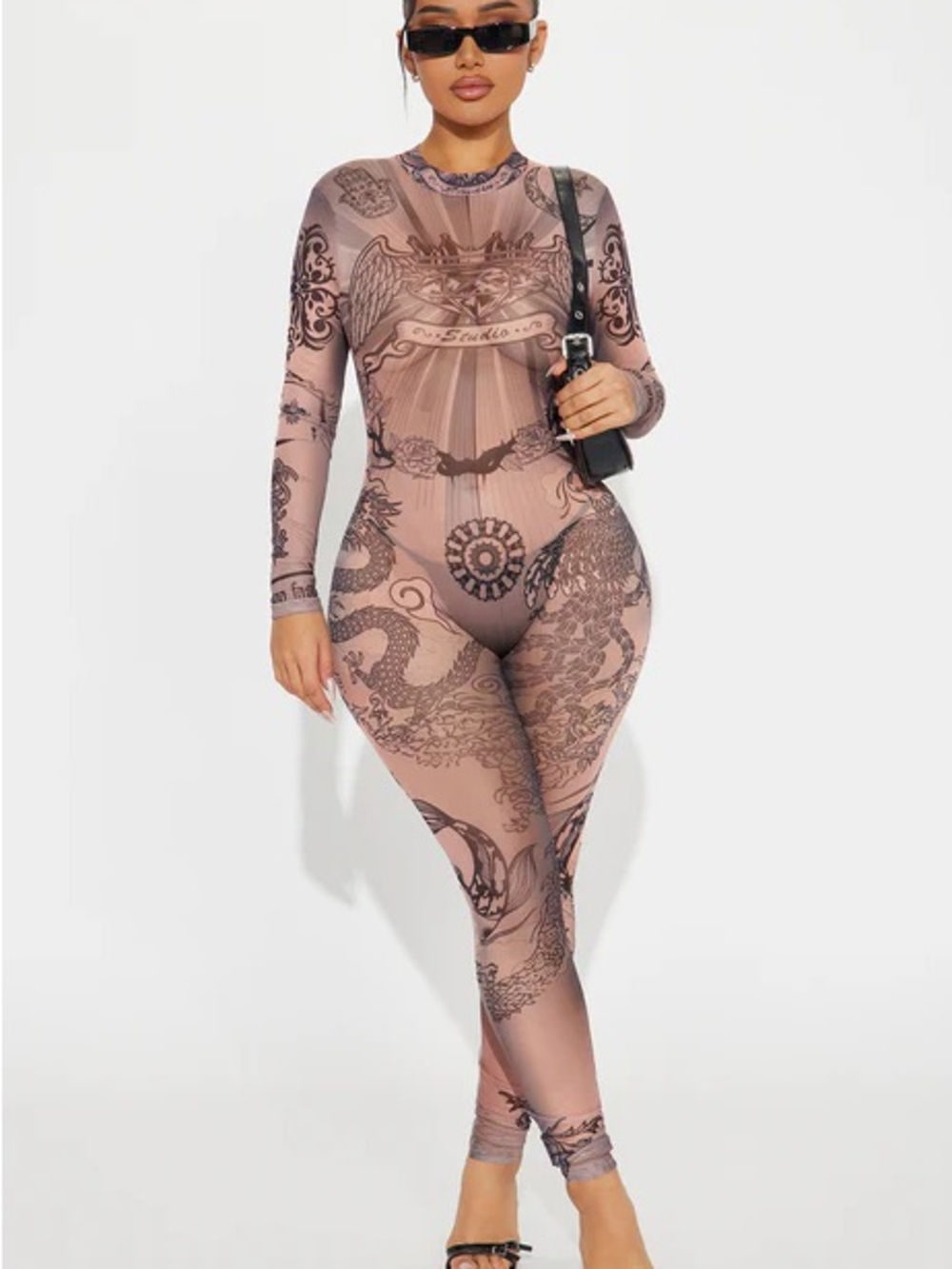 Fashion Nova Mauve Tattoo-Print Long-Sleeve Jumpsuit